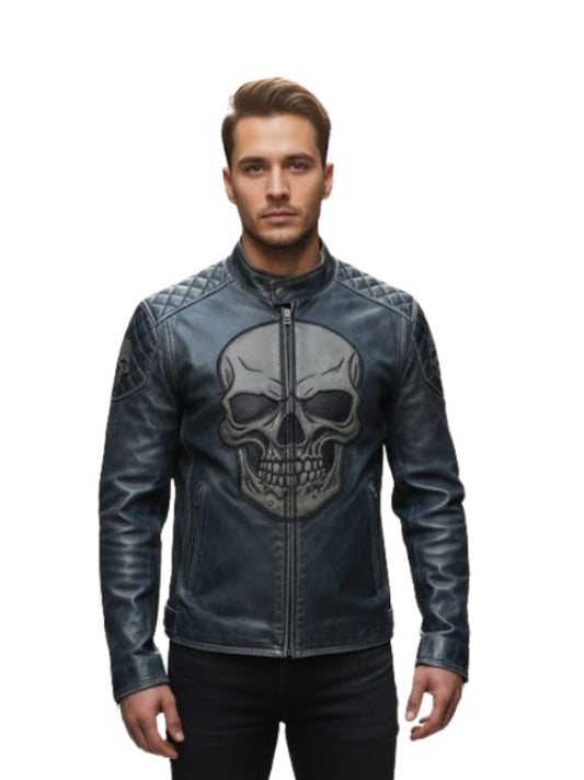 Man wearing a black leather jacket with skull design on a white background