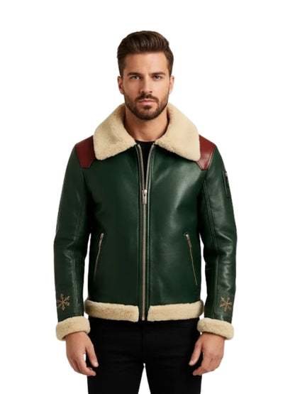 Man wearing a green leather jacket with beige fur lining on a white background