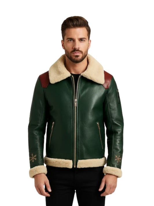 Man wearing a green leather jacket with beige fur lining on a white background