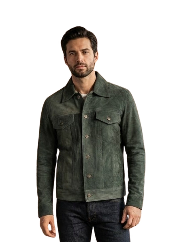 Man wearing a green suede jacket on a white background