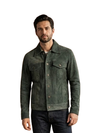 Man wearing a green suede jacket on a white background