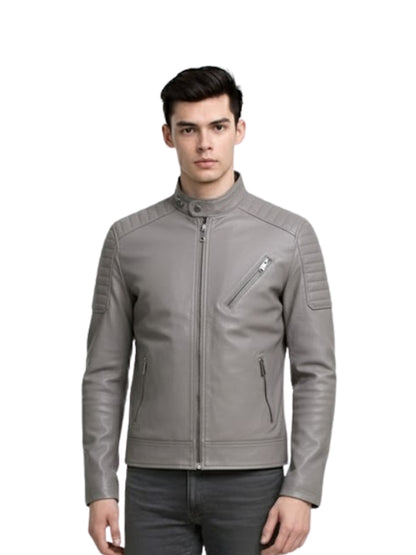 Man wearing a gray leather jacket on a white background