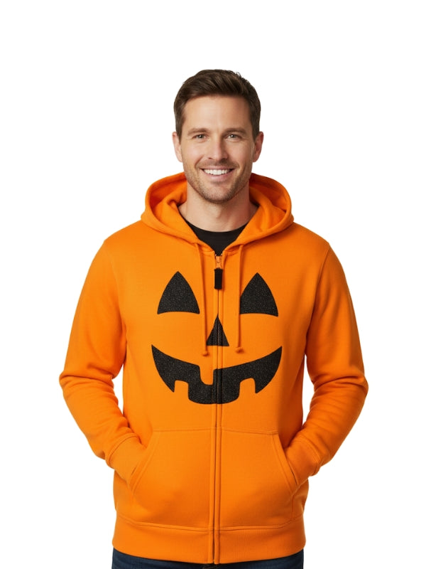 Man wearing an orange hoodie with a pumpkin face design on a white background