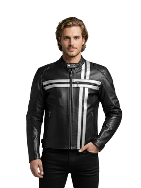Man wearing a black leather jacket with white stripes on a white background