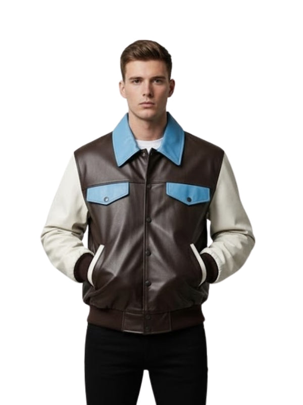 Man wearing a brown and blue jacket with a white shirt underneath on a white background