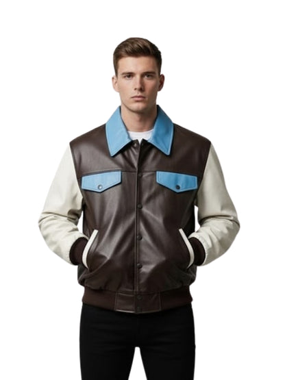 Man wearing a brown and blue jacket with a white shirt underneath on a white background