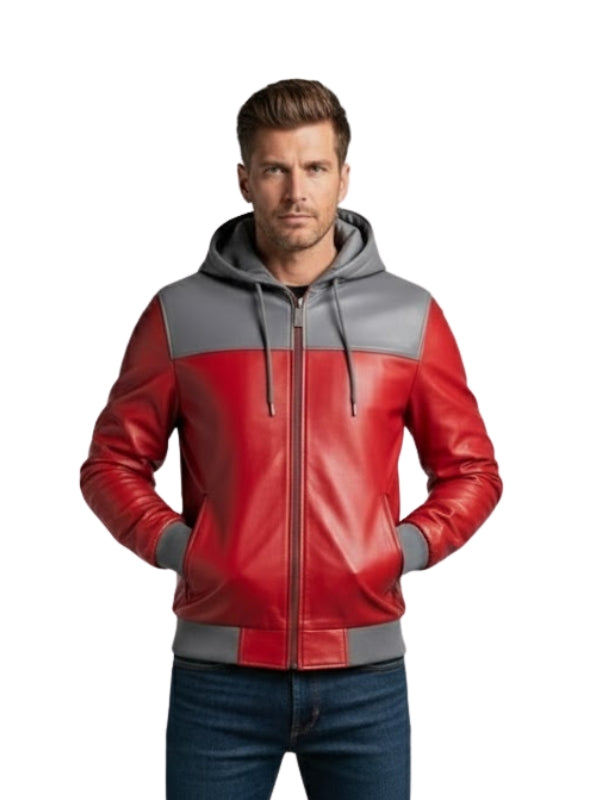 Man wearing a red and gray hoodie with a white background