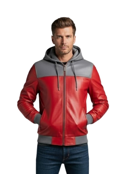 Man wearing a red and gray hoodie with a white background