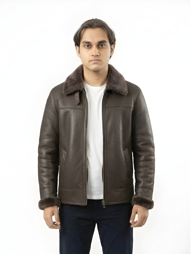 Men's Handmade Brown Shearling Bomber Leather Jacket