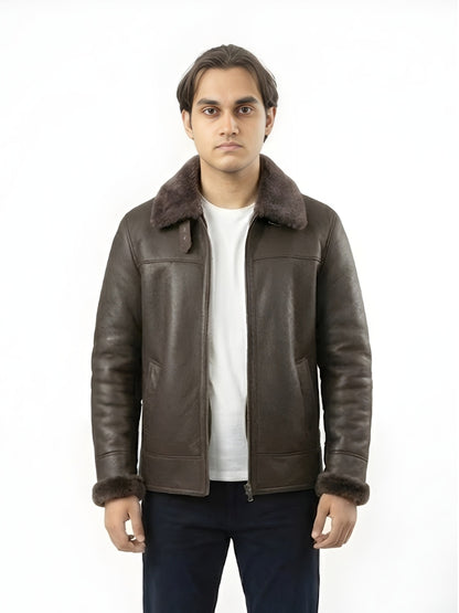 Men's Handmade Brown Shearling Bomber Leather Jacket
