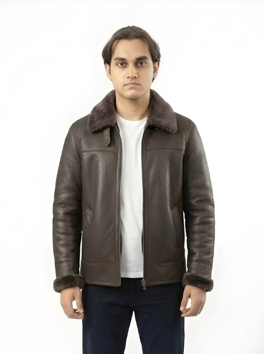 Men's Handmade Brown Shearling Bomber Leather Jacket