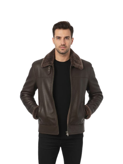 Men's Handmade Brown Shearling Bomber Leather Jacket