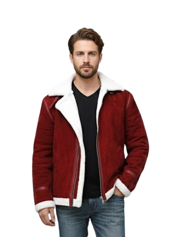 Man wearing a red jacket with white fur lining on a white background