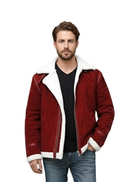 Man wearing a red jacket with white fur lining on a white background