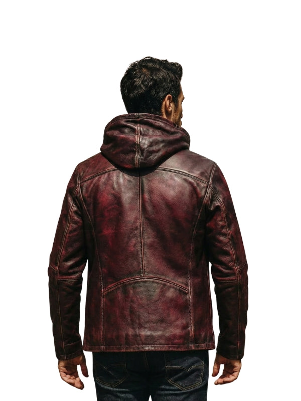 Men's Burgundy Distressed hooded - Bomber Jacket