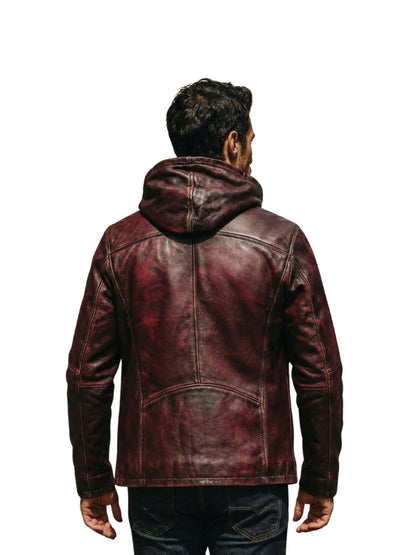 Men's Burgundy Distressed hooded - Bomber Jacket