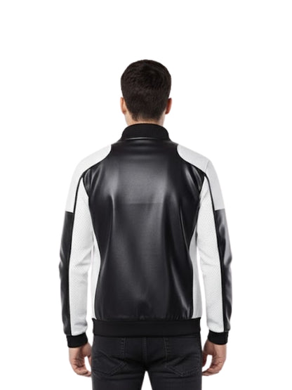 Man wearing a black and white jacket on a white background