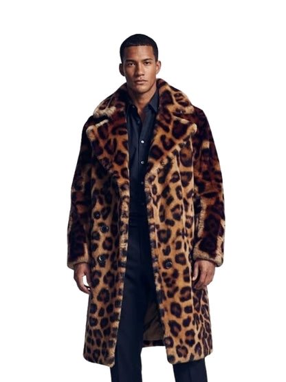 Man wearing a leopard print coat on a white background
