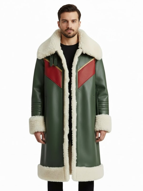 Man wearing a green coat with red accents and white fur trim on a white background