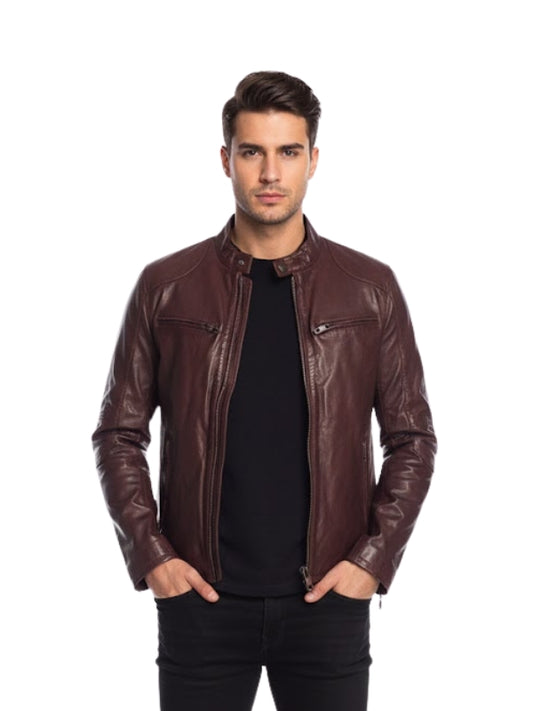 Man wearing a brown leather jacket on a white background