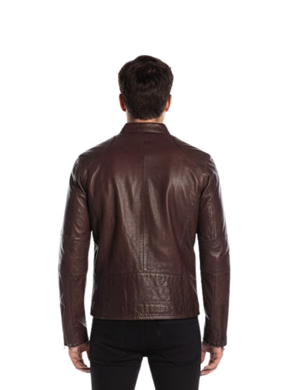 Man wearing a brown leather jacket on a white background