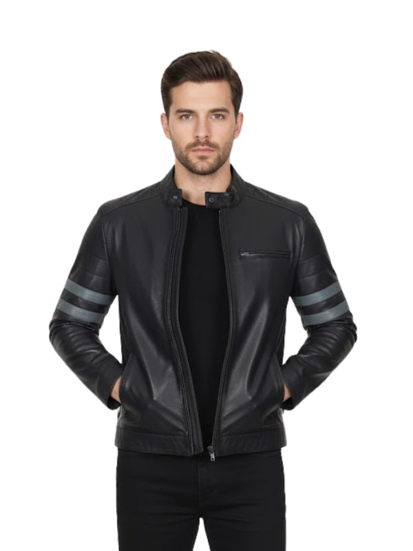 Man wearing a black leather jacket with gray stripes on sleeves against a white background