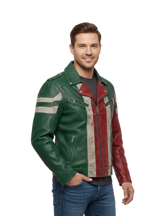 Man wearing a green, red, and gray leather jacket on a white background