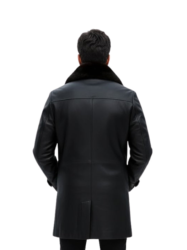 Men's Mid-Length Faux Fur Collar Welt Pockets Real Shearling Black Premium Long Leather Coat