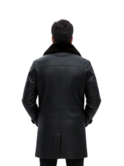 Men's Mid-Length Faux Fur Collar Welt Pockets Real Shearling Black Premium Long Leather Coat