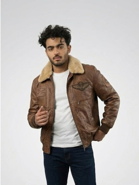 Man wearing a brown leather jacket with fur collar on a white background