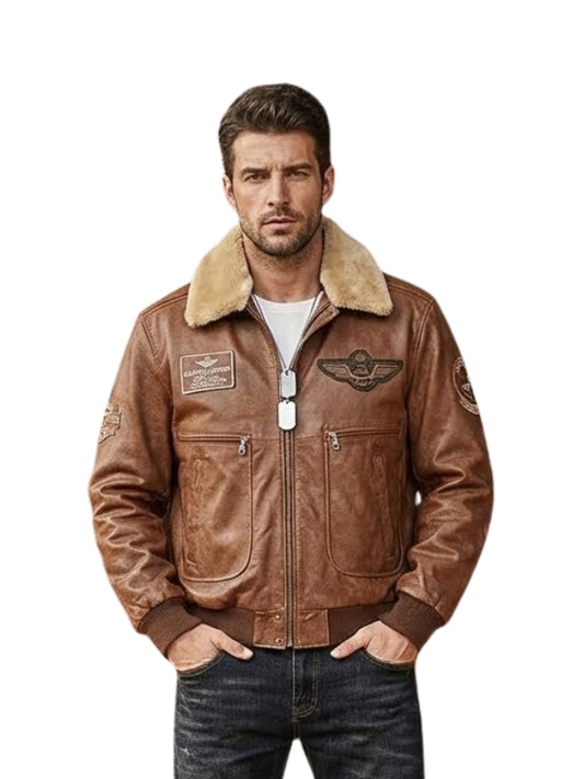 Man wearing a brown leather jacket with fur collar on a white background