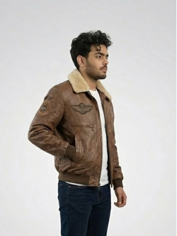 Man wearing a brown leather jacket with a white background