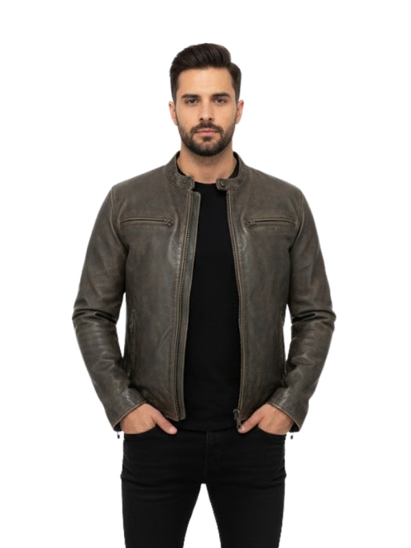 Man wearing a brown leather jacket on a white background