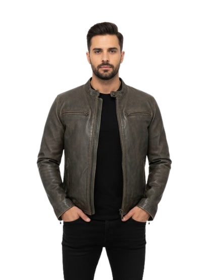 Man wearing a brown leather jacket on a white background