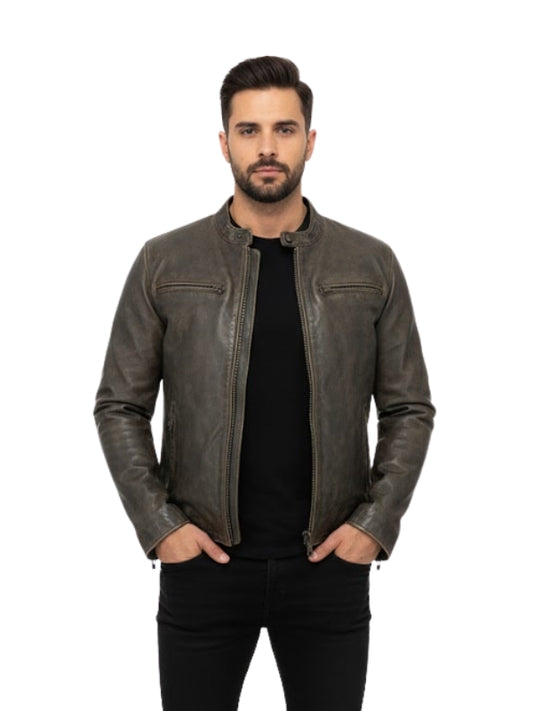 Man wearing a brown leather jacket on a white background