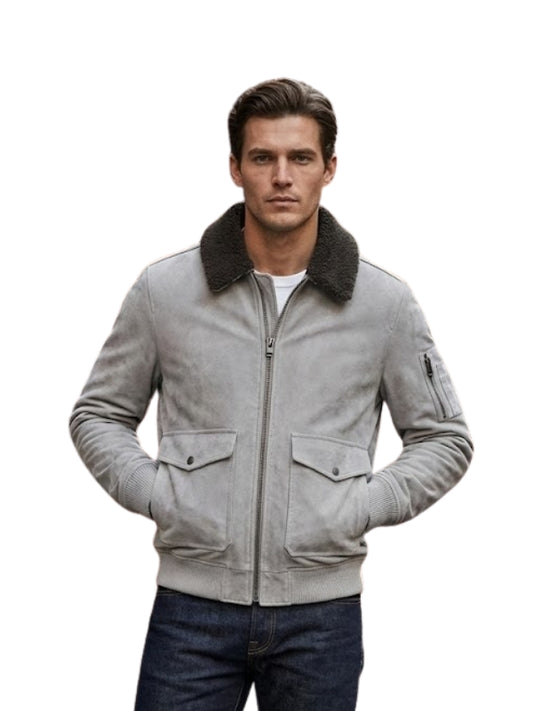 Men’s Mud White Bomber Suede Jacket