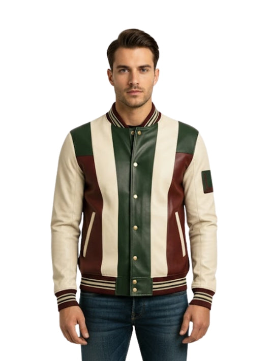 Man wearing a striped leather jacket on a white background