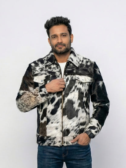 Man wearing a cowhide leather jacket on a white background