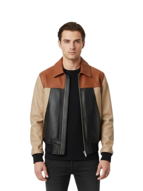 Man wearing a three-tone leather jacket on a white background