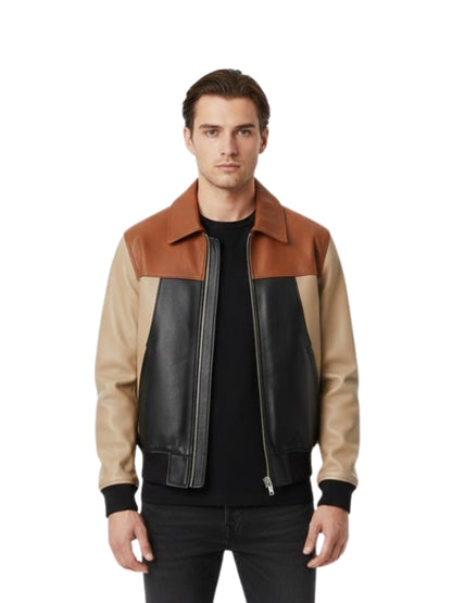 Man wearing a three-tone leather jacket on a white background