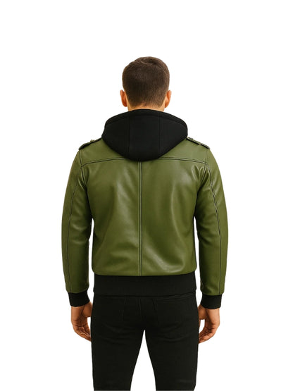 Men’s Olive Green Bomber Leather Jacket With Hood