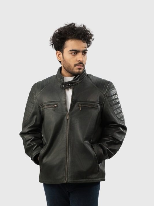 Man wearing a black leather jacket on a white background