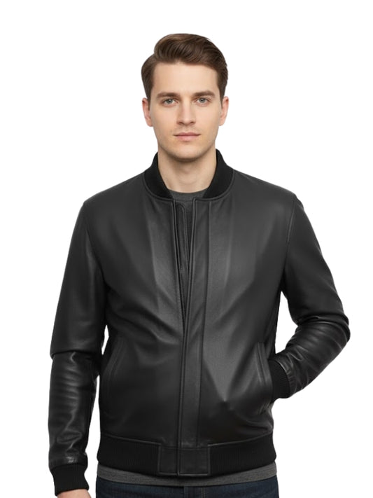 Man wearing a black leather jacket on a white background