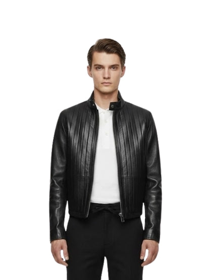 Man wearing a black leather jacket on a white background