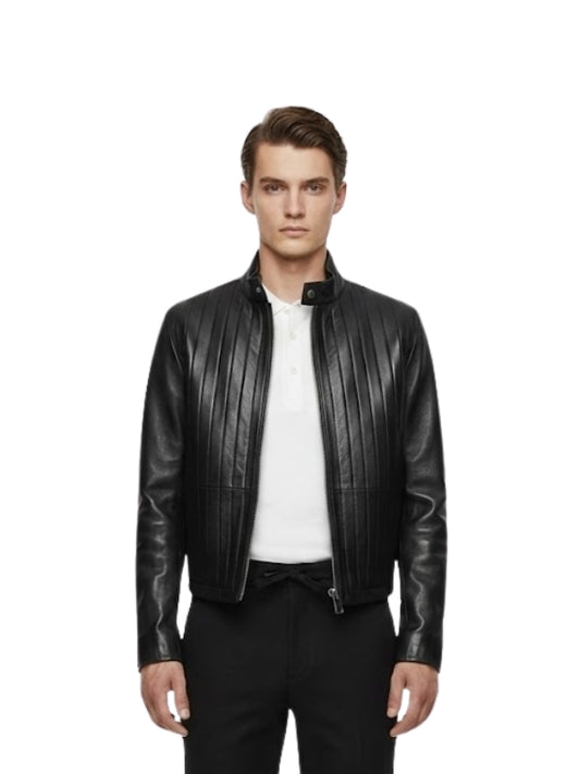 Man wearing a black leather jacket on a white background