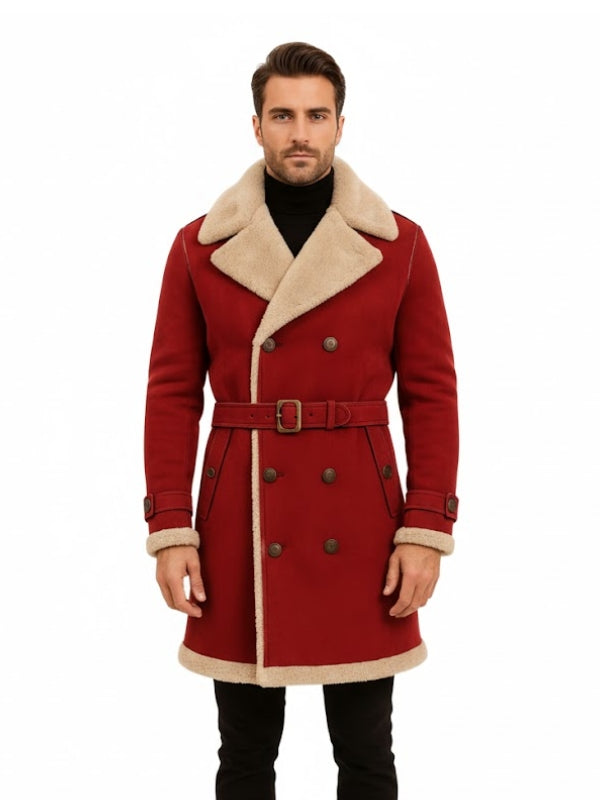 Man wearing a red coat with beige collar and belt on a white background