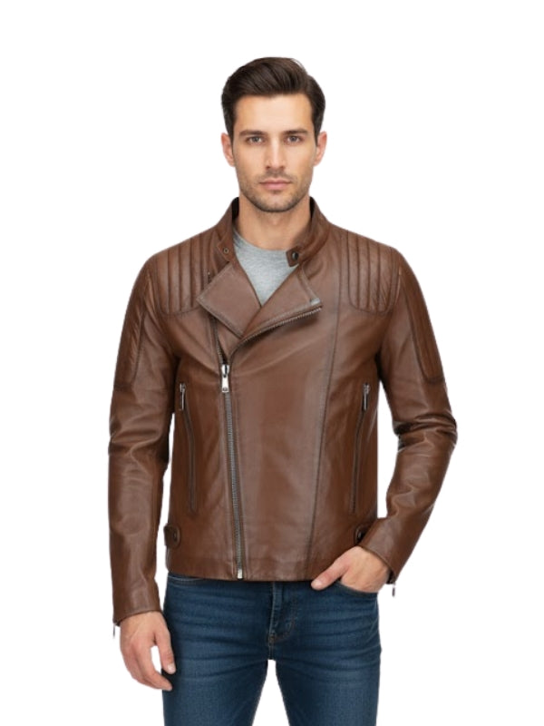 Man wearing a brown leather jacket on a white background