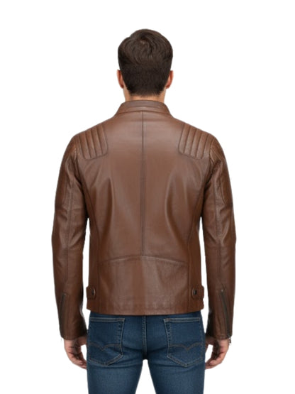 Brown leather jacket worn by a person on a white background