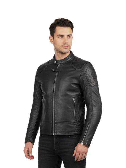 Man wearing a black leather jacket on a white background