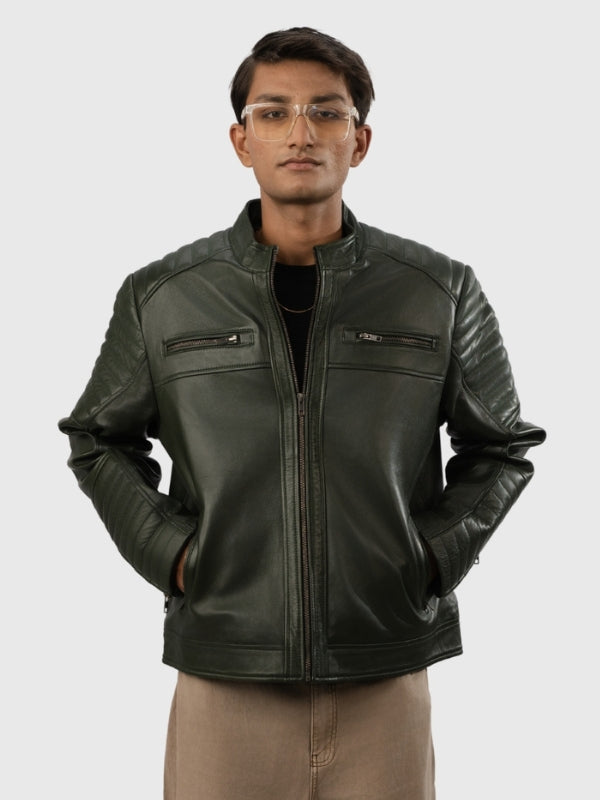 Man wearing a Green leather jacket on a white background